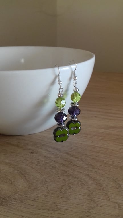 GREEN, DARK LILAC AND SILVER CZECH BEAD EARRINGS.