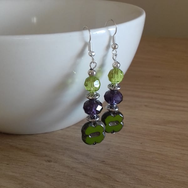 GREEN, DARK LILAC AND SILVER CZECH BEAD EARRINGS.