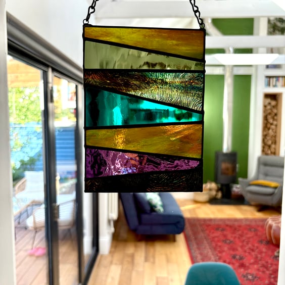 The Hills - abstract textured stained glass window hanging, Window art 