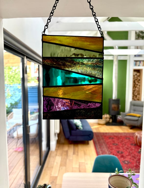 The Hills - abstract autumnal stained glass window hanging, Window art 