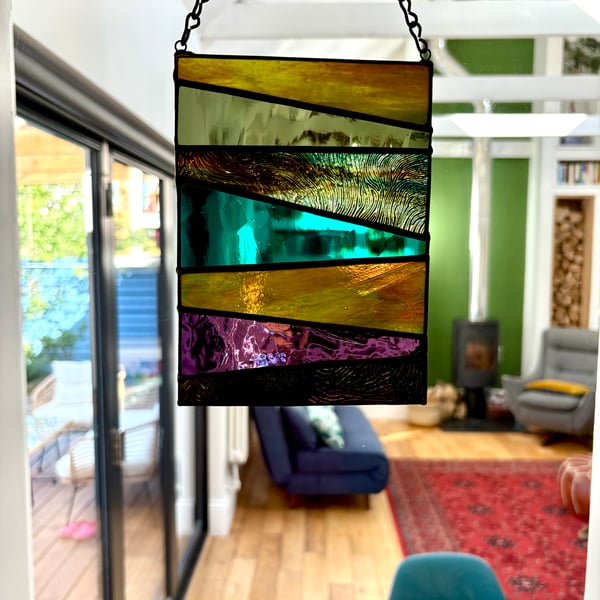 The Hills - stained glass abstract rectangular window hanging 