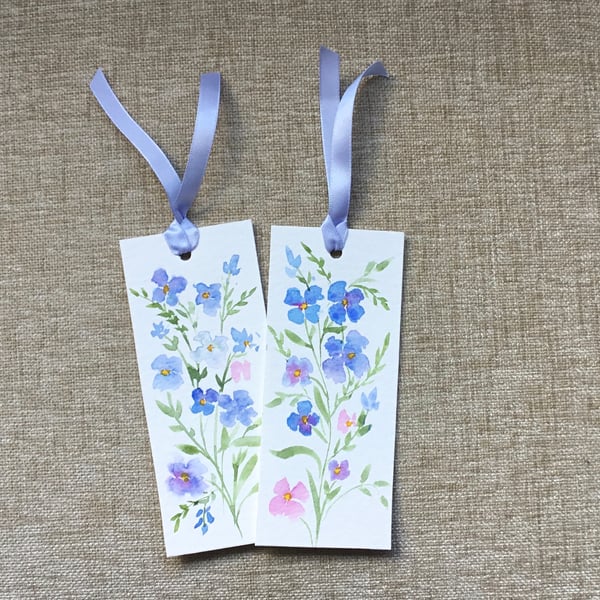 Set of 2. Original hand painted watercolour Blue Flowers bookmarks, 