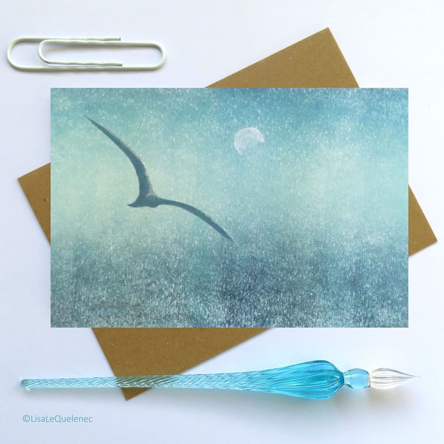 Gliding high a lone gull flying in an evening sky blank artist card plastic free