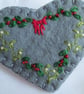 Hand Embroidered Holly & Mistletoe Wool Felt Heart Brooch, Christmas Brooch - Image 2