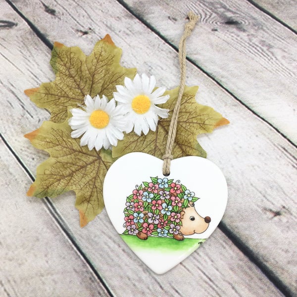 Ceramic Hanging Decoration - Floral Hedgehog - Heart Shaped