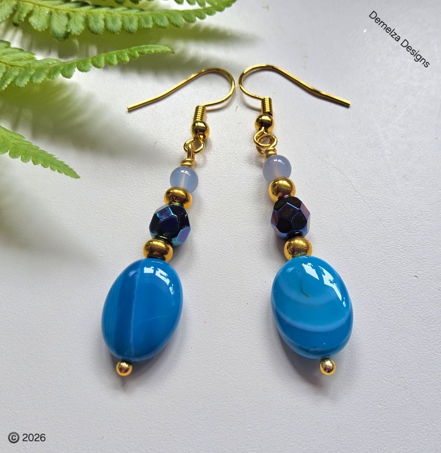 Blue Agate & Crystal Dangle Gold Plated Copper Earrings 