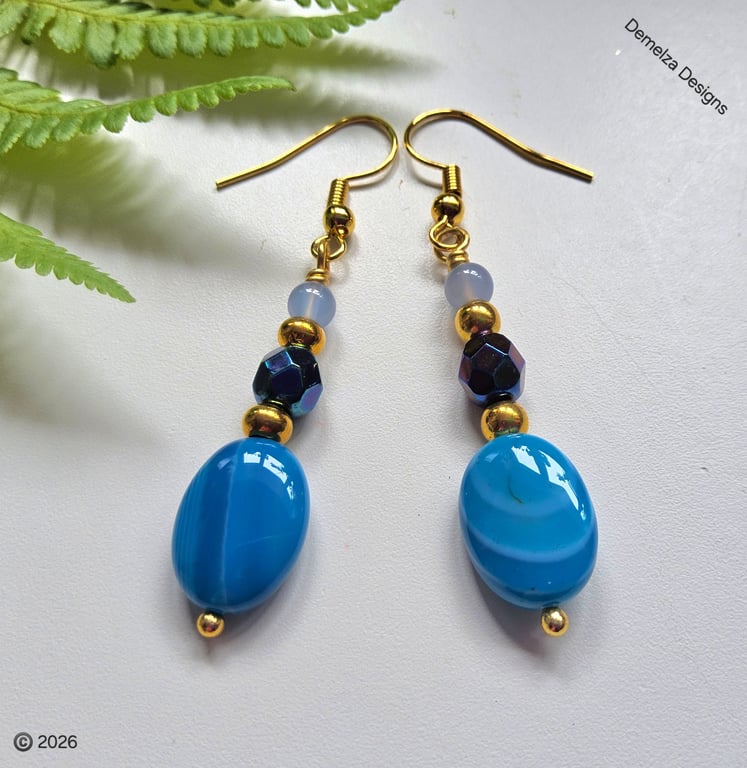 Blue Agate & Crystal Dangle Gold Plated Copper Earrings 