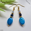 Blue Agate & Crystal Dangle Gold Plated Copper Earrings 