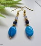 Blue Agate & Crystal Dangle Gold Plated Copper Earrings 