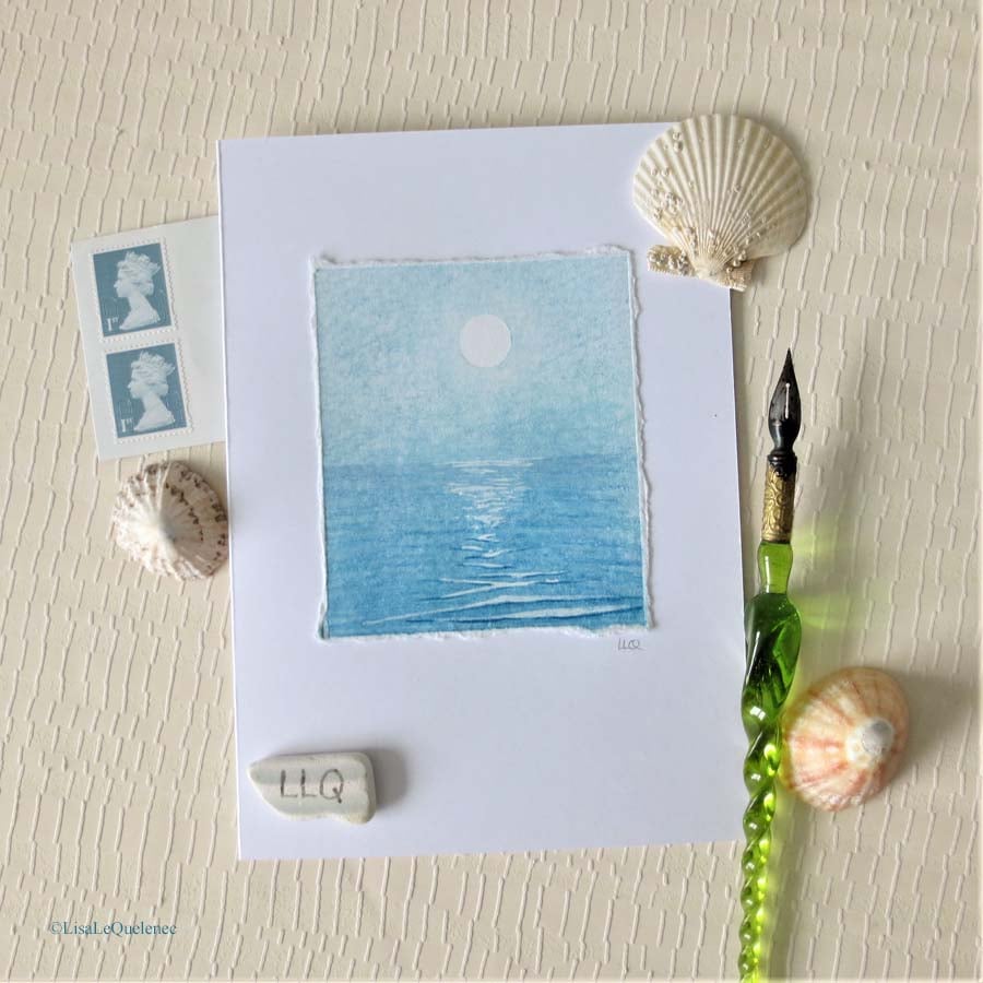 Moon over the sea, mixed media art card blank greetings card