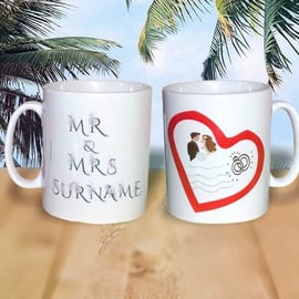 Personalised Wedding Mug. Mr & Mrs ADD THEIR SURNAME. Wedding Gift ideas. 