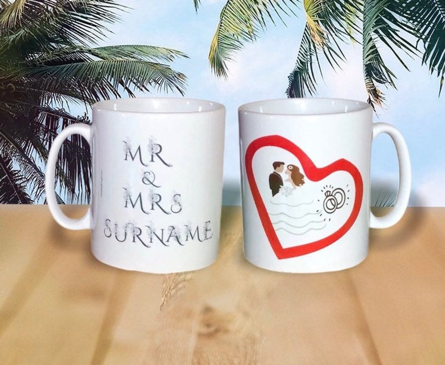 Personalised Wedding Mug. Mr & Mrs ADD THEIR SURNAME. Wedding Gift ideas. 