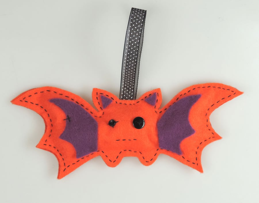 Bright Orange Handmade Felt Bat, Halloween Twig Tree Decoration 