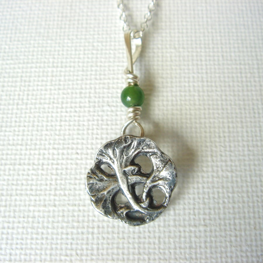 Fine Silver Pendant Hand Cast From an Art Nouveau Button With Nephrite Jade