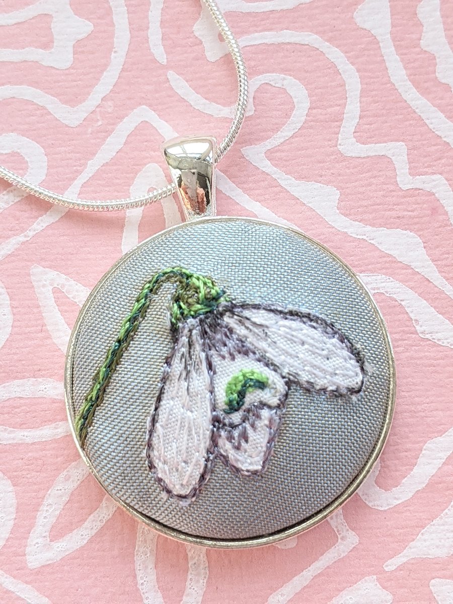 Snowdrop embroidered necklace pendant