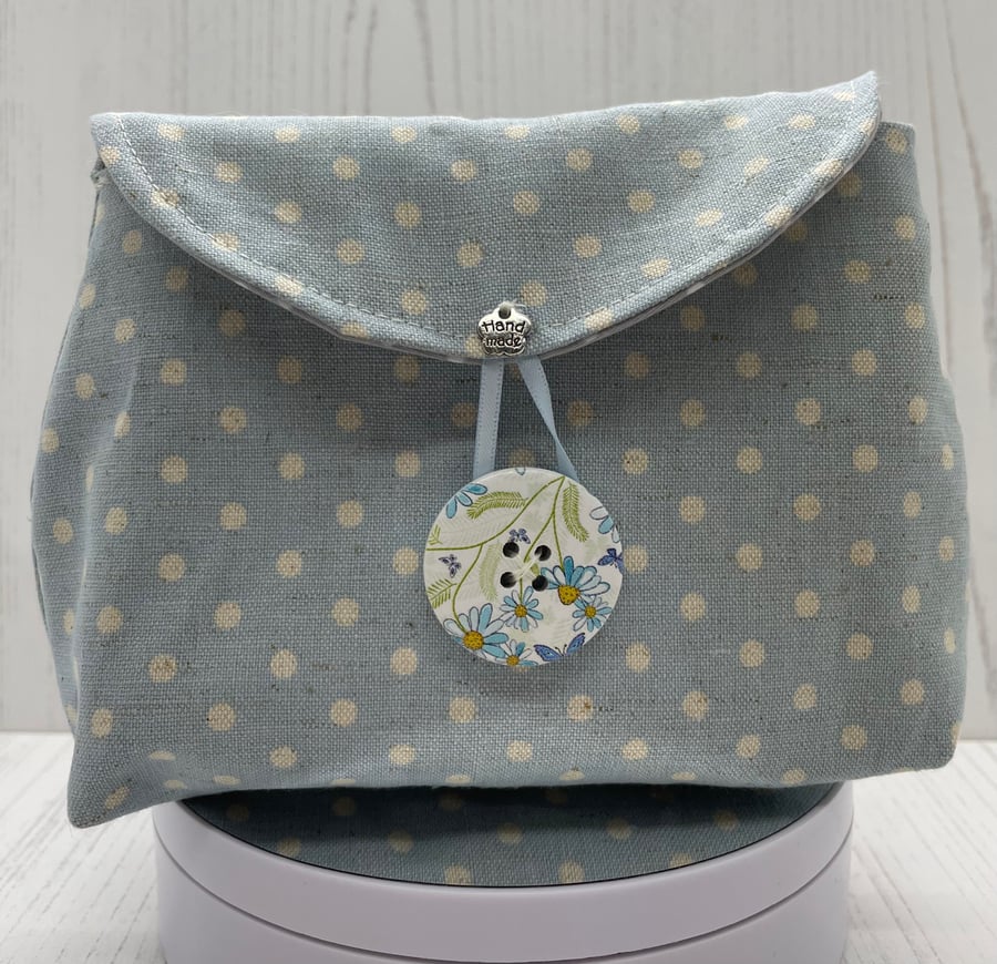 SALE - Blue and Ivory polka dot linen pouch, clutch, make up bag PB8