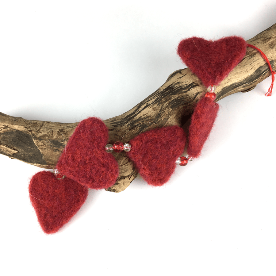 Needle felted hanging hearts , Red