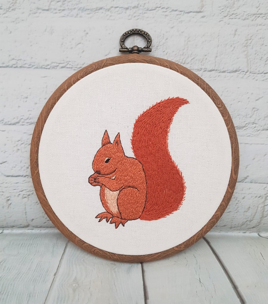 Red Squirrel Hand Embroidered Hoop Art
