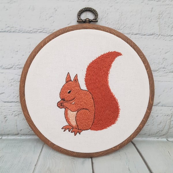 Red Squirrel Hand Embroidered Hoop Art
