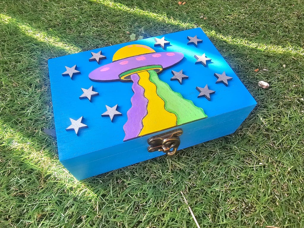 Hand-Painted Rainbow UFO Design Cosmic Keepsake Box with Mirror - Unique Gift 