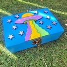 Hand-Painted Rainbow UFO Design Cosmic Keepsake Box with Mirror - Unique Gift 