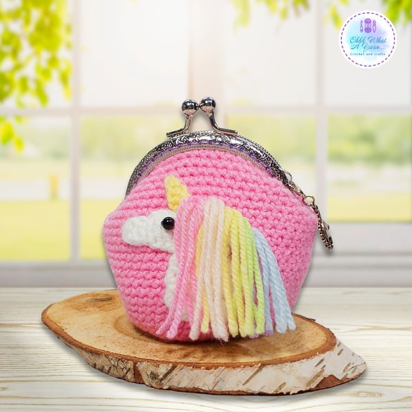 Crochet pink rainbow unicorn coin purse, crochet purse, coin purse, clasp purse