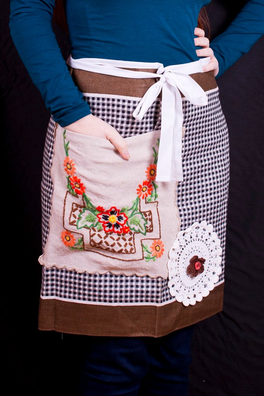 One of a kind upcycled tea towel barista style apron
