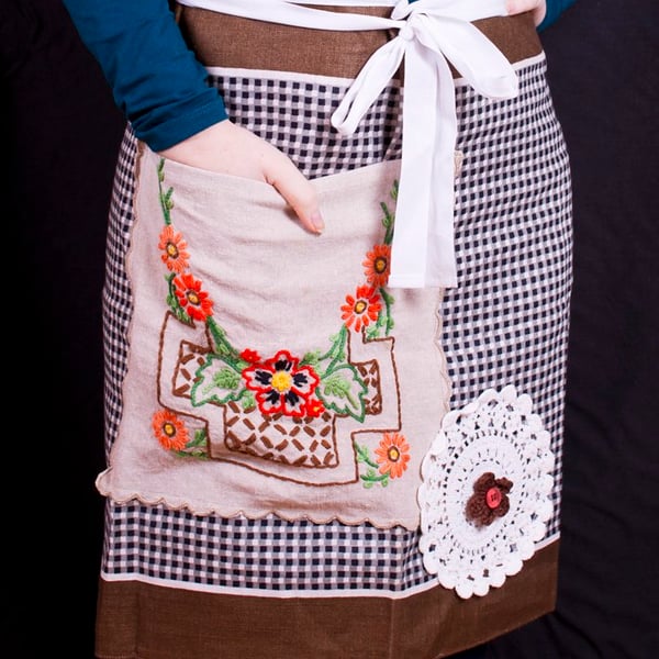 One of a kind upcycled tea towel barista style apron