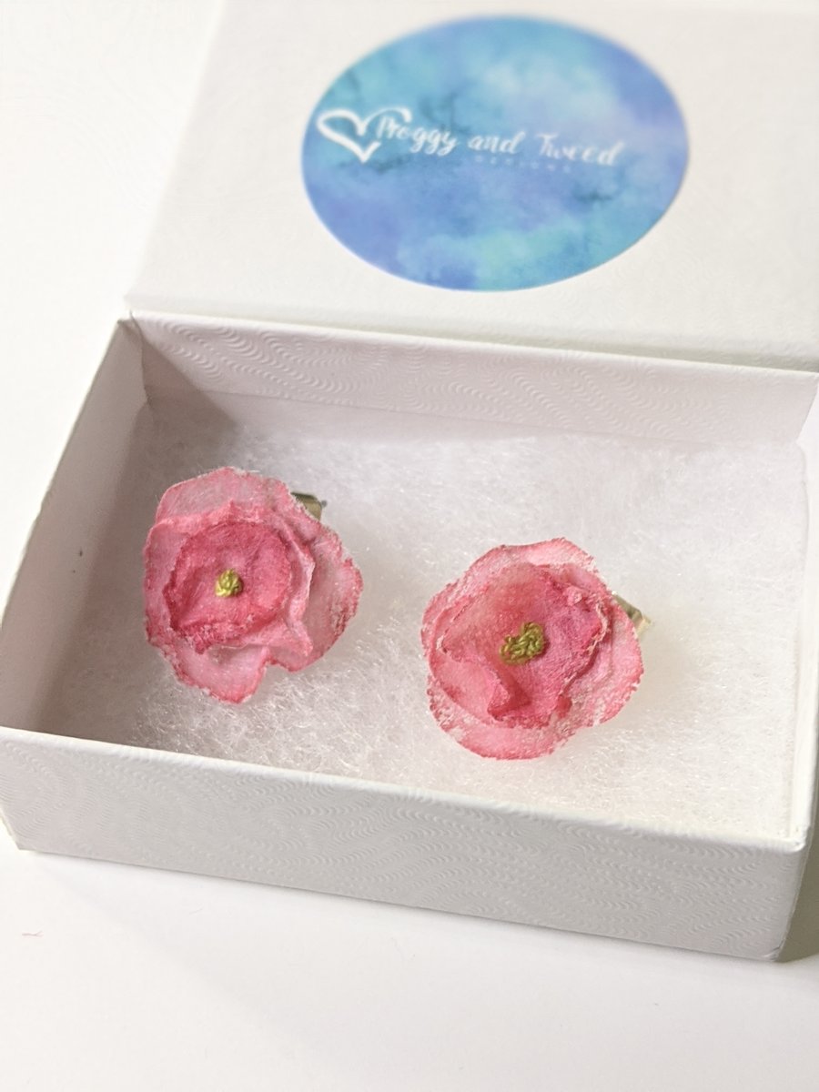 Pink earrings, flower earrings, textile earrings, stud earrings