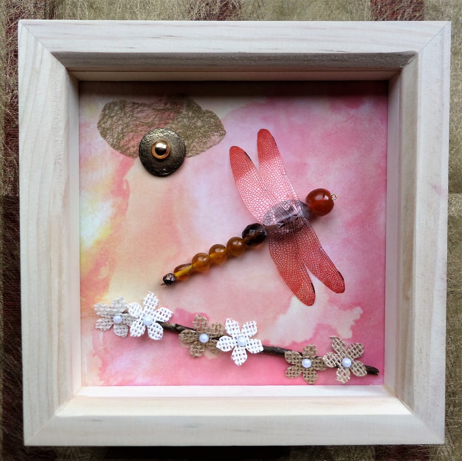 Peach Blossom Beaded Dragonfly Box Frame
