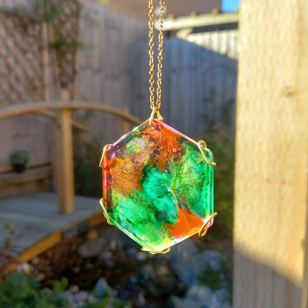 Green, Gold and Pink Dream Hexagon Necklace