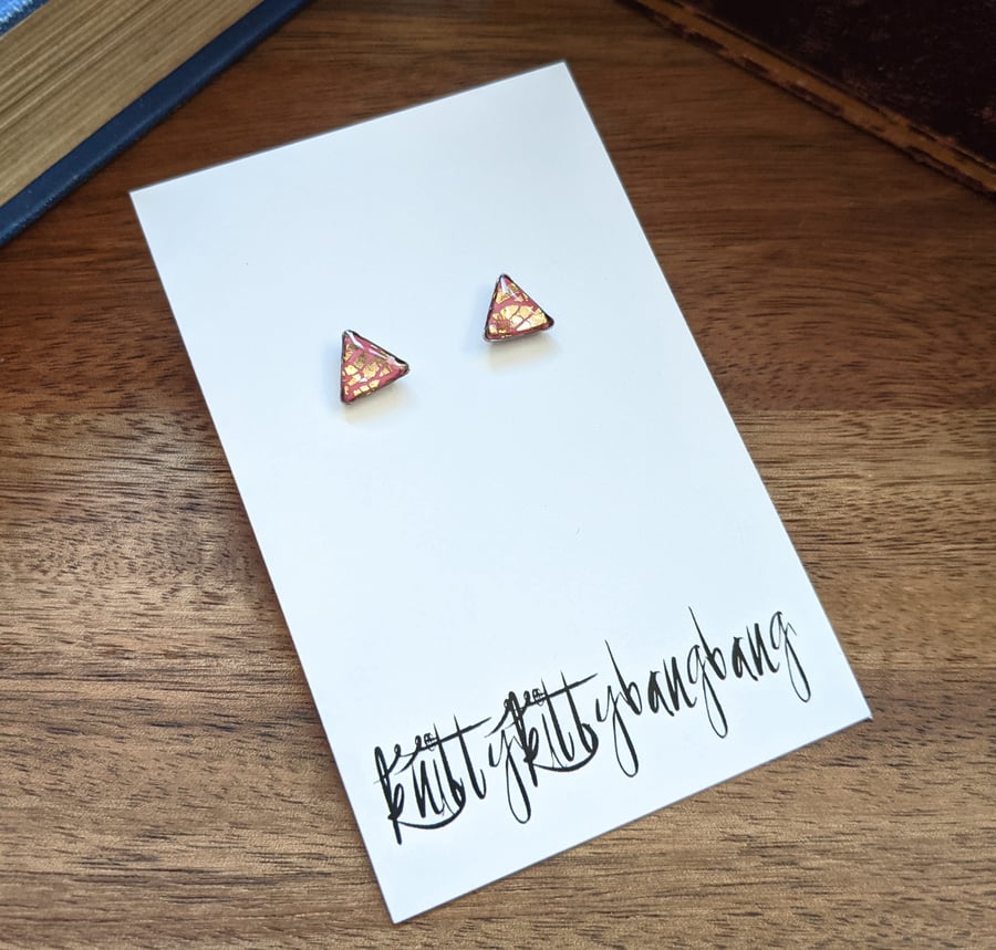 Pink and gold triangle stud earrings
