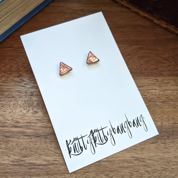 Pink and gold triangle stud earrings