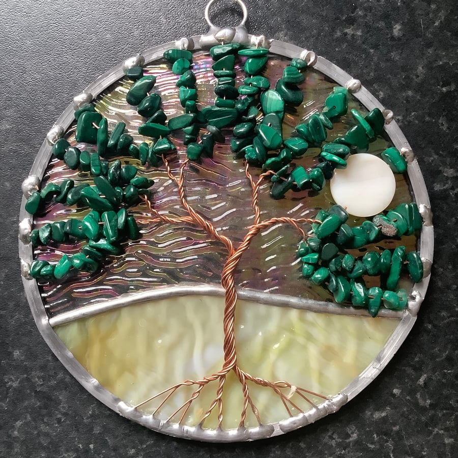 Malachite tree of life suncatcher