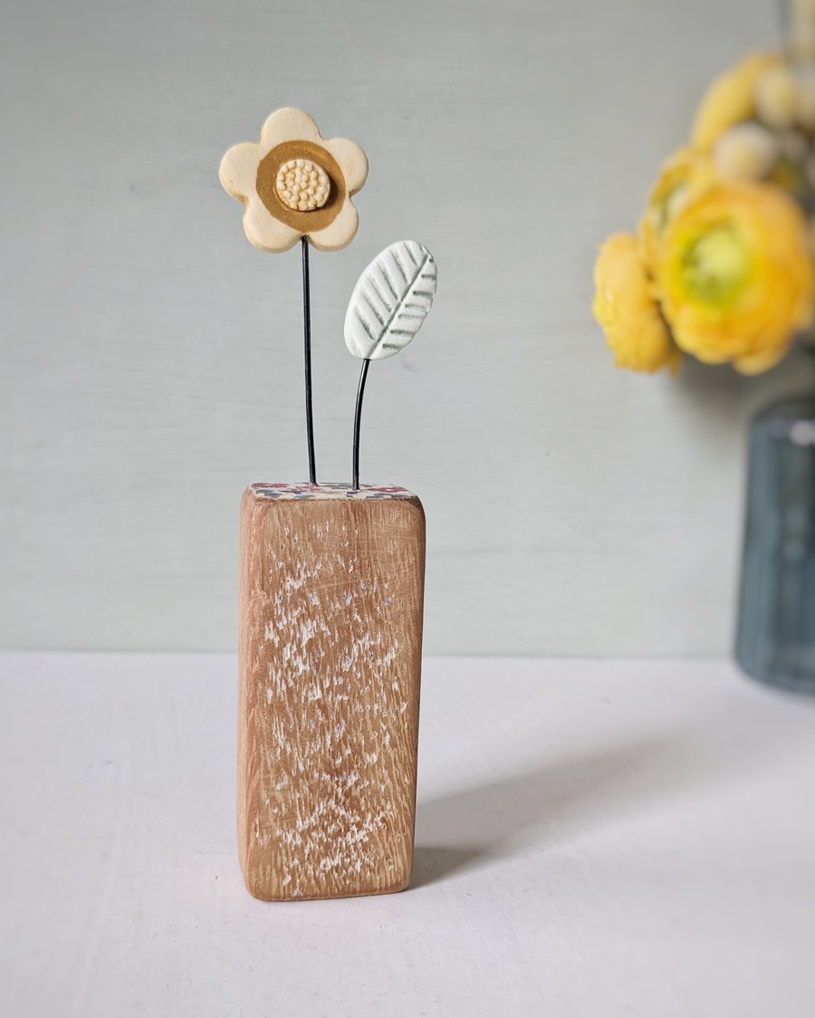 Perfectly Imperfect Clay Flower and Leaf in a Wood Block