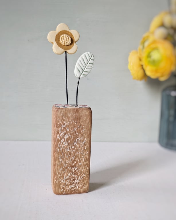 Perfectly Imperfect Clay Flower and Leaf in a Wood Block