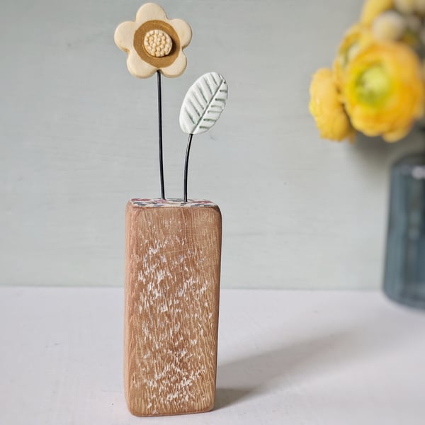 Perfectly Imperfect Clay Flower and Leaf in a Wood Block