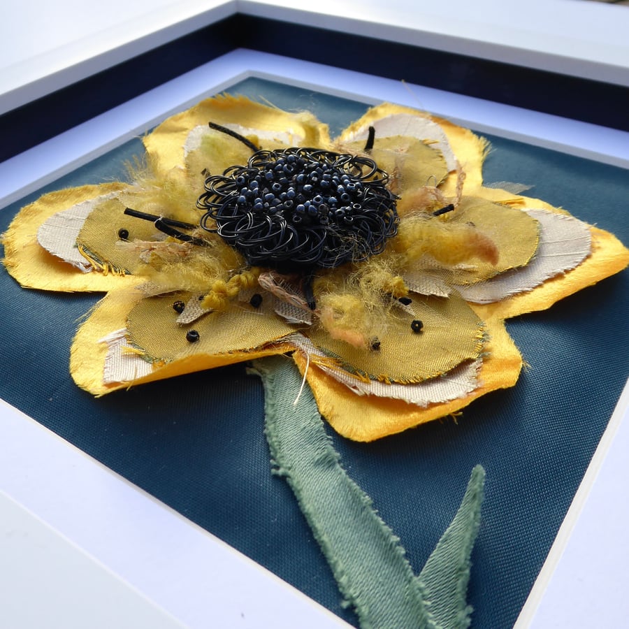 Yellow Poppy Flower Art - Mixed Media 3D Framed Collage 8"x8" 