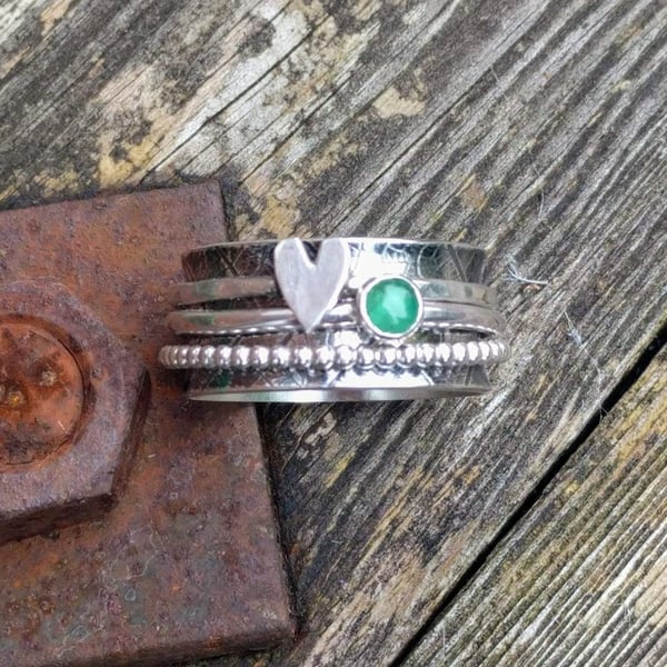 Sterling Silver Emerald Three Spinner Ring