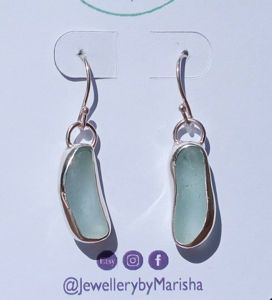 Fine Silver & Sterling Silver Handmade Aqua Jellybean Cornish Seaglass Earrings