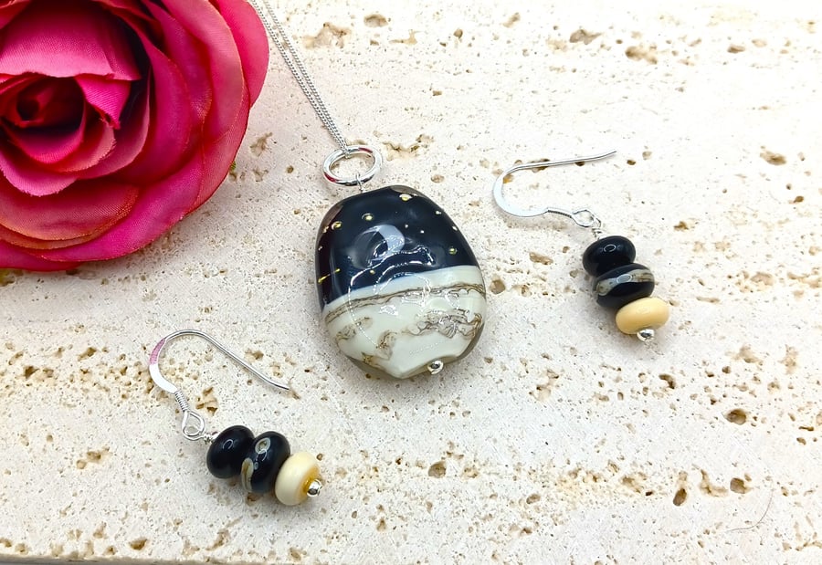 Handmade Lampwork Glass Moon Jewellery Set, Sterling Silver Pendant and Earrings