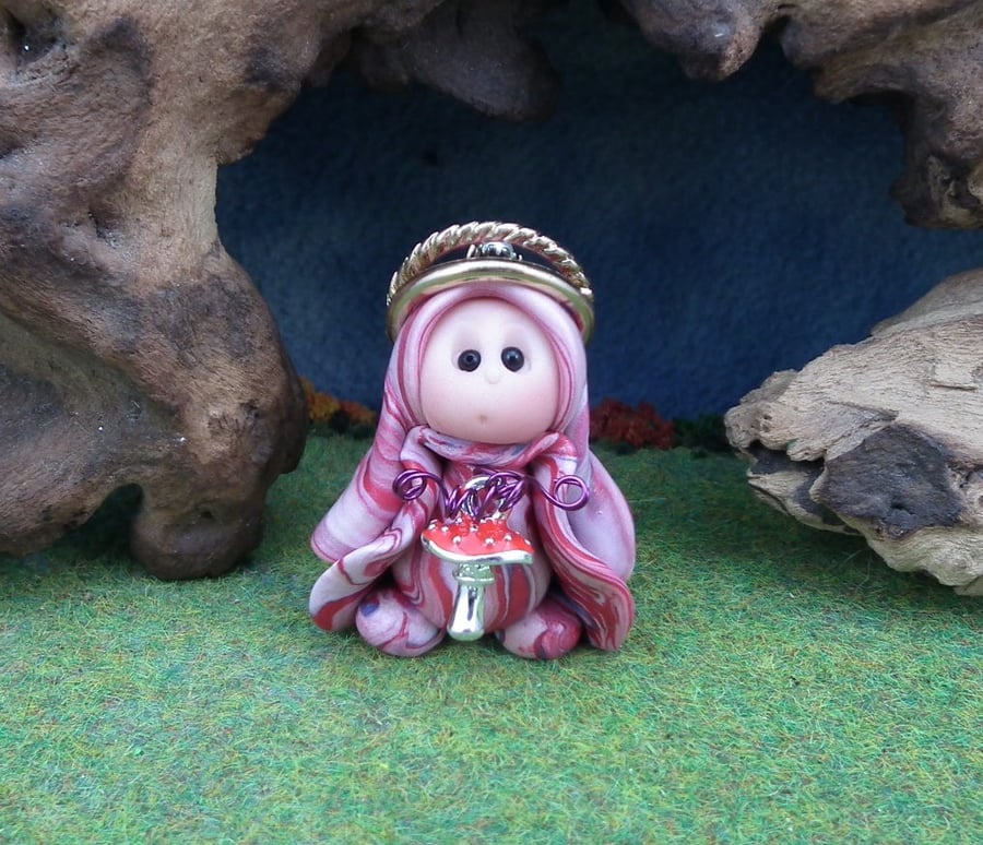 Tiny Fly Agaric Gnome 'Agnes' 1.5" OOAK Sculpt by Ann Galvin