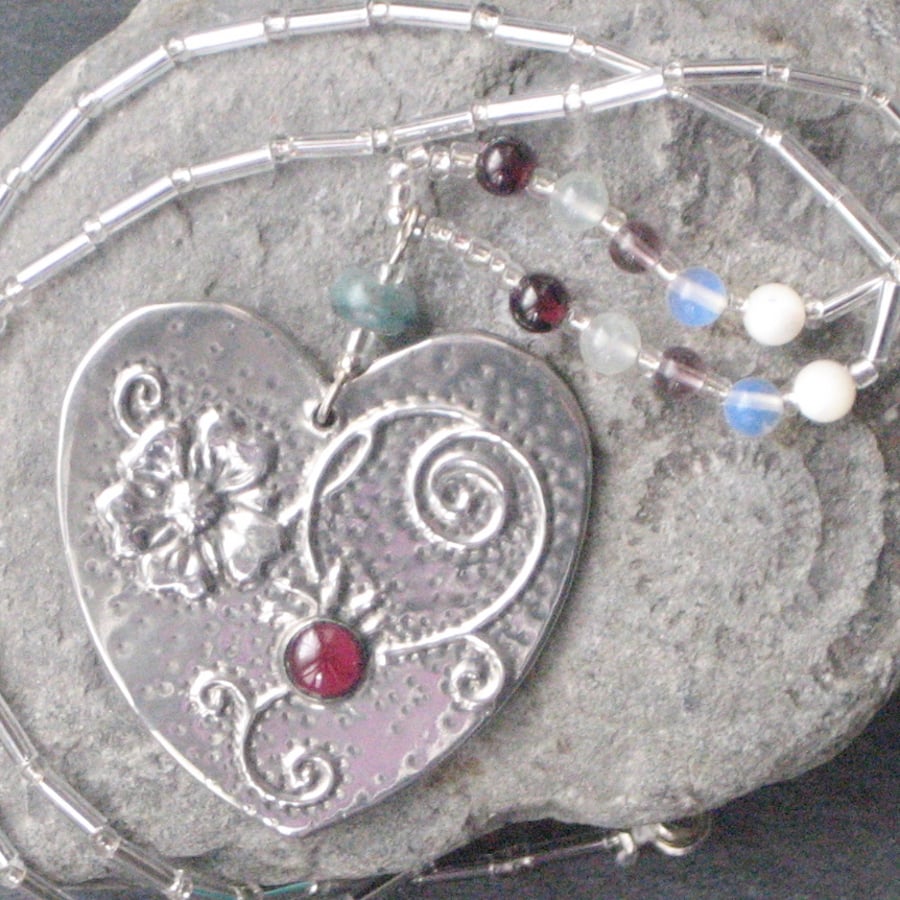 Strawberry Flower Silver Pewter Heart Necklace with Garnet