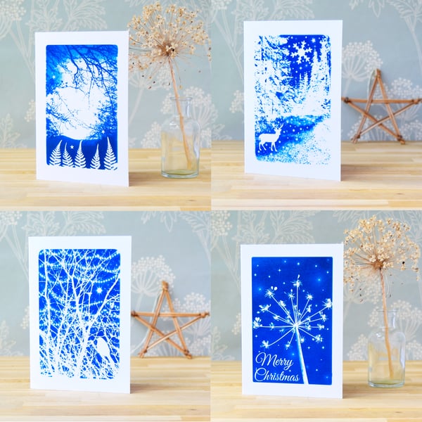 Pack of 4 Christmas cards from Cyanotype images