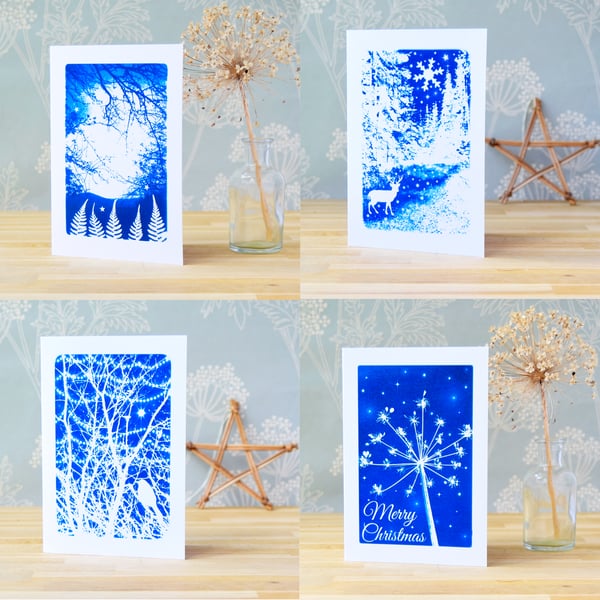 Pack of 4 Christmas cards from Cyanotype images, Shop early 2024