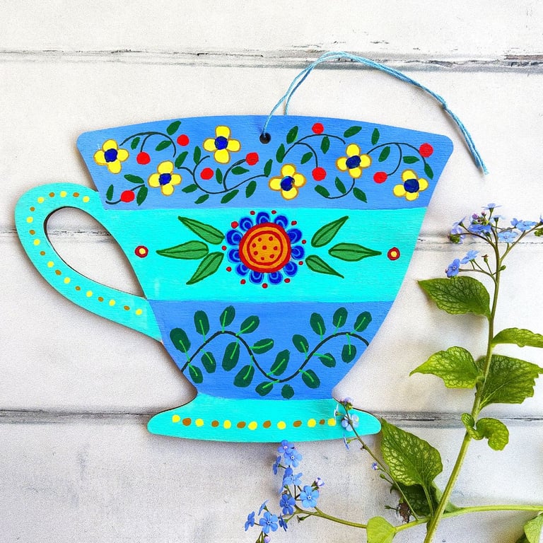 Hand painted wooden teacup hanging with flowers, blues and greens, kitchen decor