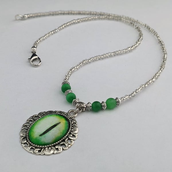 Green cat's eye necklace with Dragon Eye pendant - 1002542D