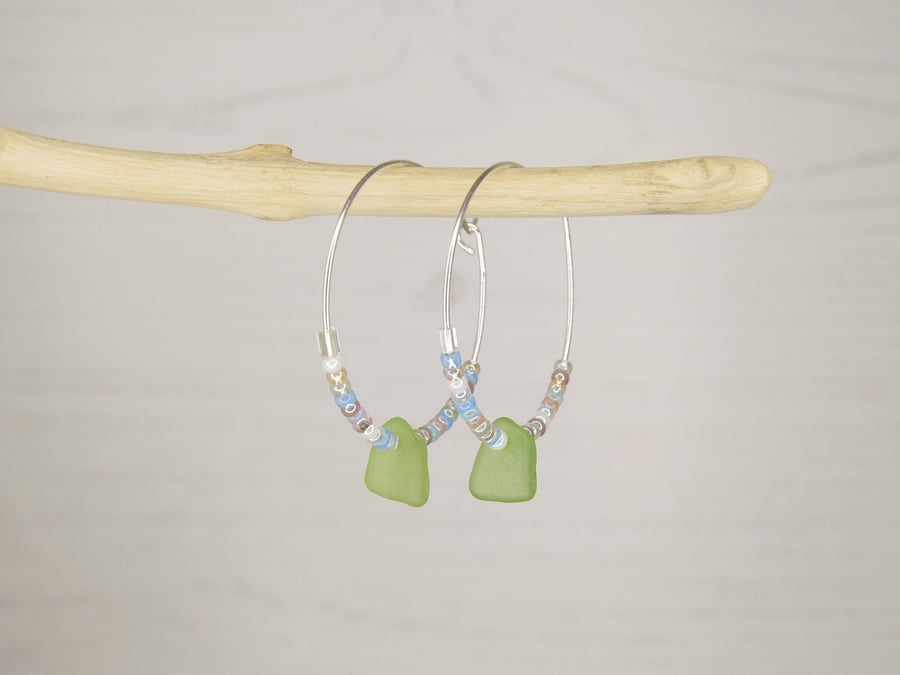 Cornish Sea Glass with Pastel Seed Beads on Sterling Silver 30mm Hoops - Green