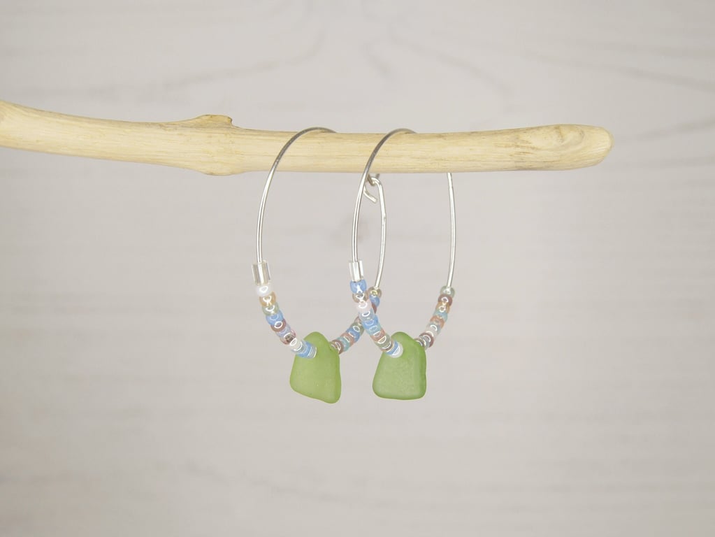 Cornish Sea Glass with Pastel Seed Beads on Sterling Silver 30mm Hoops - Green