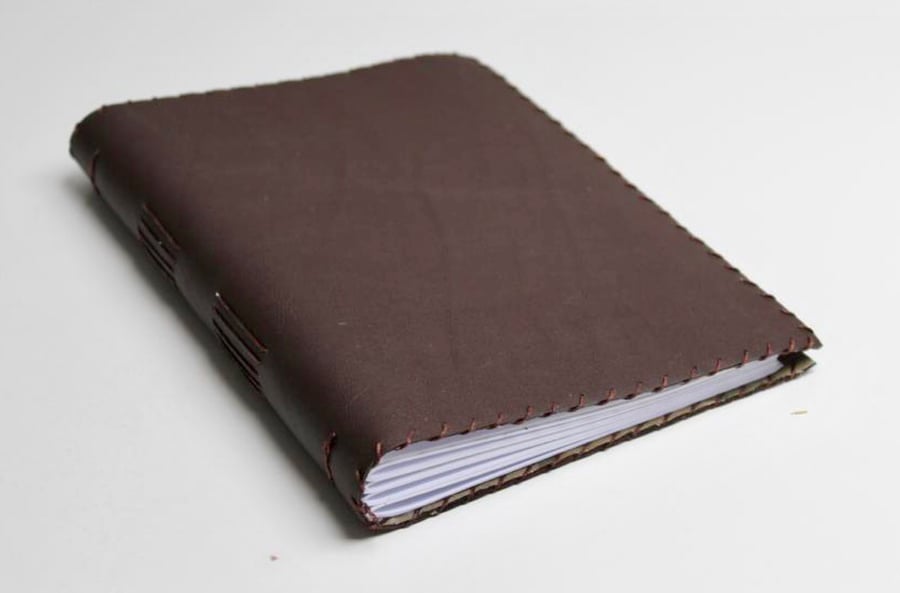 A5 Handmade Dark Brown Leather Notebook Sketchbook Camouflage fabric lining